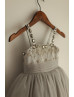 Beaded Gray Satin Tulle Flower Girl Dress Photoshoot Dress